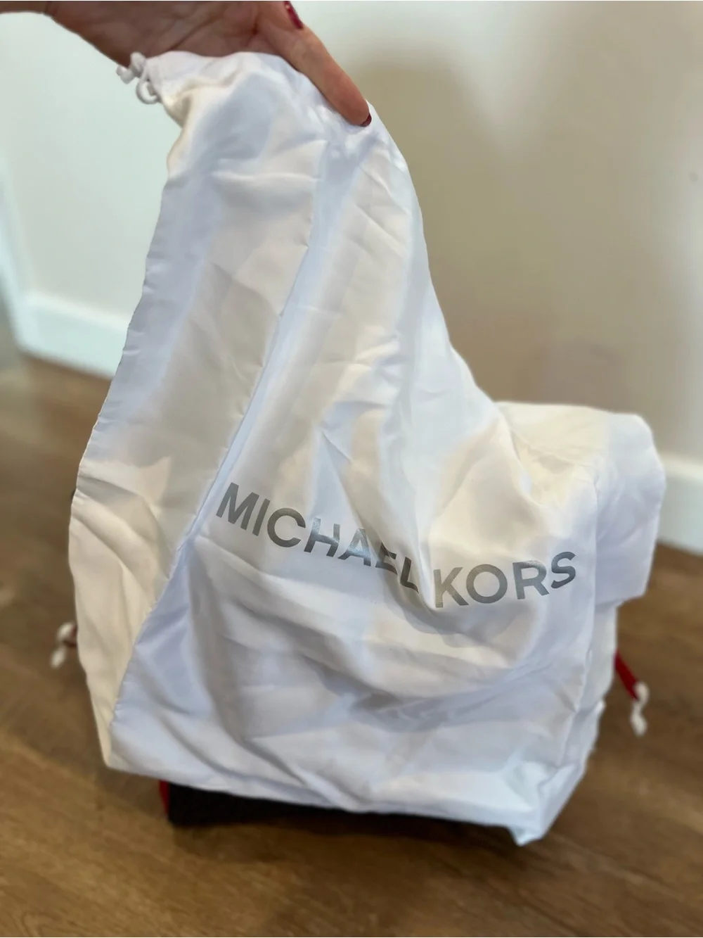 Michael Kors Dark Brown Logo Bucket Shoulder Bag with Tan Trim and Gold Hardware